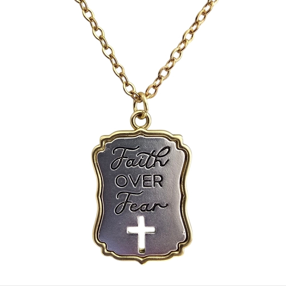 Gold Silver Stainless Steel Faith Over Fear Pendant Necklace 16" Cross Christian